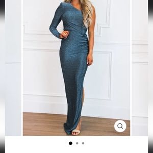 Shimmer Teal 1 sleeve gown high front slit on left, side ruching NEW